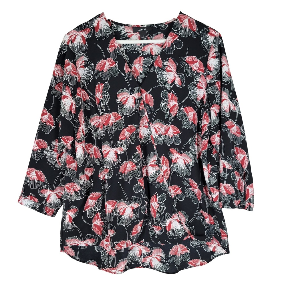 Alfani Floral Wrap Blouse Womens 12 Black Red  3/4 Sleeve Top Career
